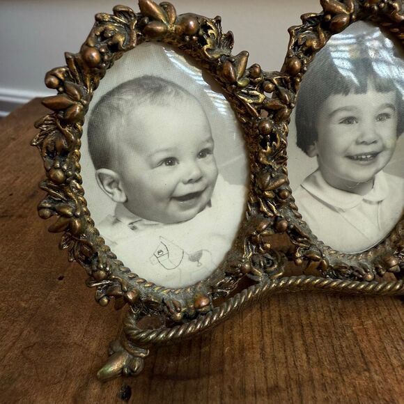 Vintage Rubbed Brass Tone Double Frame Table Top 3” x 3” - Picture 5 of 7